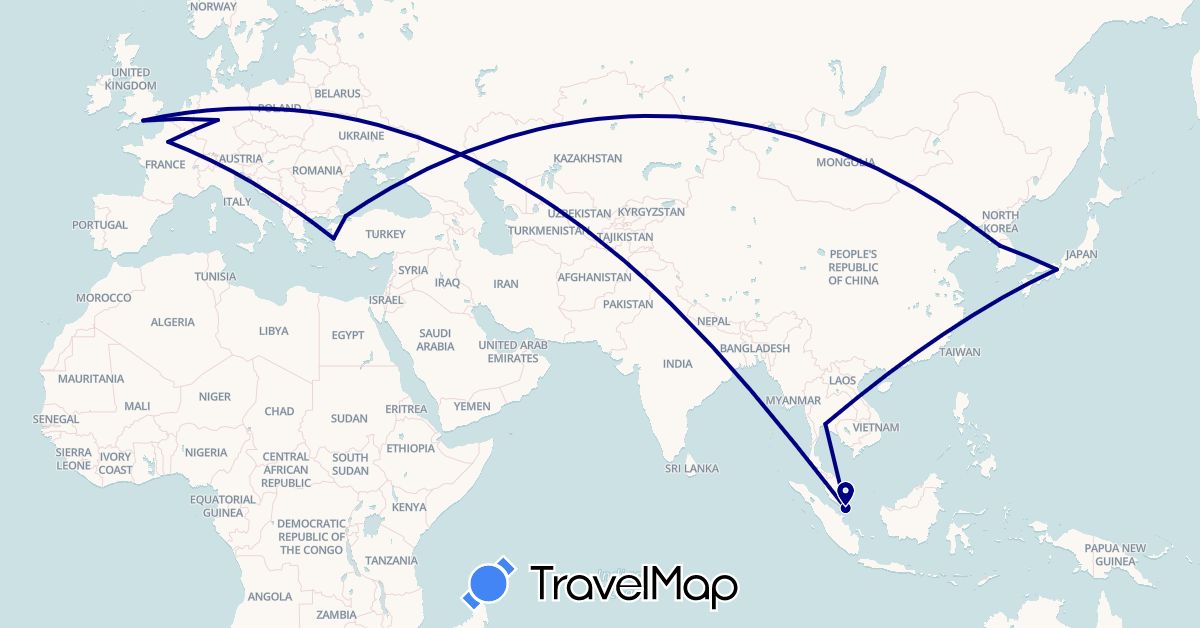 TravelMap itinerary: driving in Germany, France, United Kingdom, Japan, South Korea, Singapore, Thailand, Turkey (Asia, Europe)